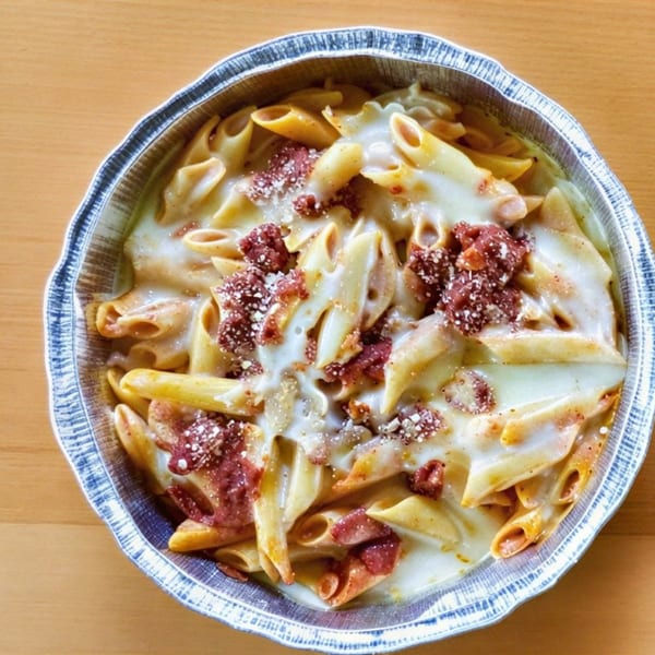 Penne pasta with creamy white sauce and red meat crumbles, served in a foil take-out container.