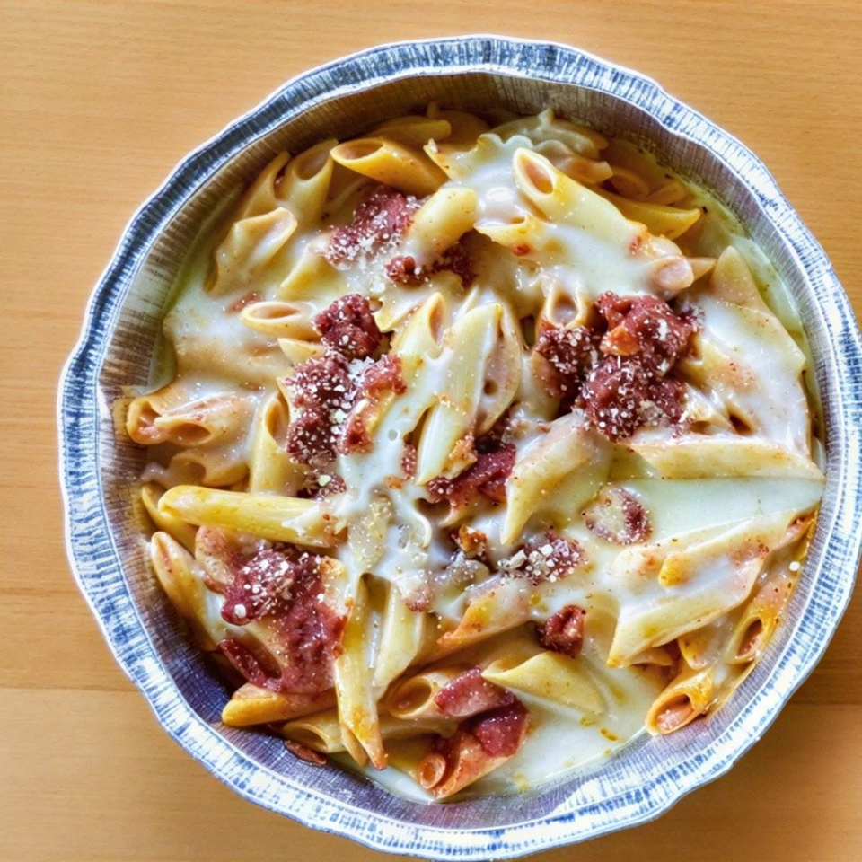 Penne pasta with creamy white sauce and red meat crumbles, served in a foil take-out container.